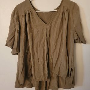 Flowy Khaki Soft Green Silky Blouse Subtle Detailing on Fabric Flutter Sleeves